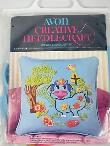 Vintage Avon Creative Needlecraft Crewel Embroidery Blue Moo Pillow - Picture 1 of 3