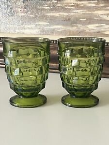 Set Of 2 Indiana Glass Whitehall Avocado Green Cubist Juice Glasses Footed 4”