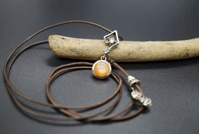 Silver Round Sunstone Pendant Handmade Brown Cord Adjustable Necklace 26'' - Image 1 of 4