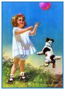 Girl Plays Puppy Balloon by Mabel Rollins Harris Counted Cross Stitch Pattern - Picture 1 of 4