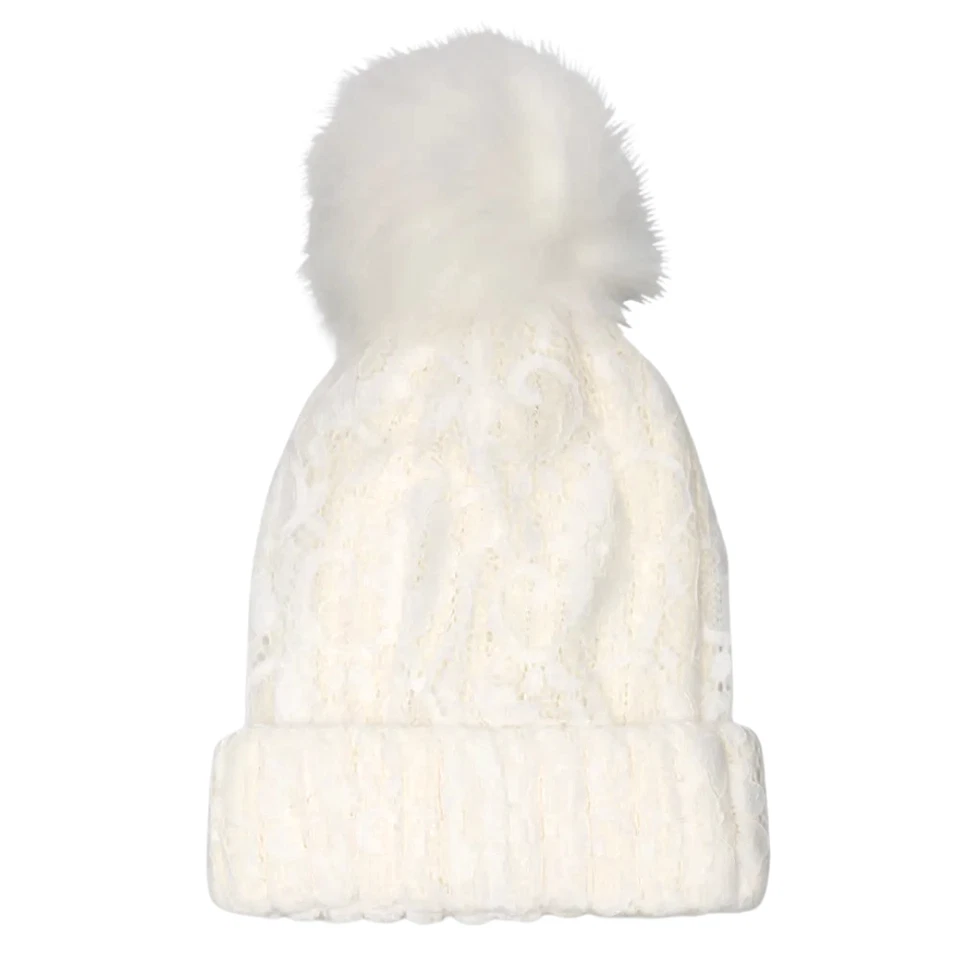 Gorro de encaje Adrienne Landau piel sintética pompón blanco marfil OS NUEVO CON ETIQUETAS PRECIO DE VENTA SUGERIDO POR EL FABRICANTE 95 USD Foto 1 de 1