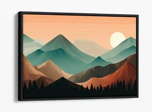 MODERN MOUNTAIN LANDSCAPE SUNSET -DEEP FLOAT EFFECT FRAMED CANVAS WALL ART PRINT - Picture 1 of 12