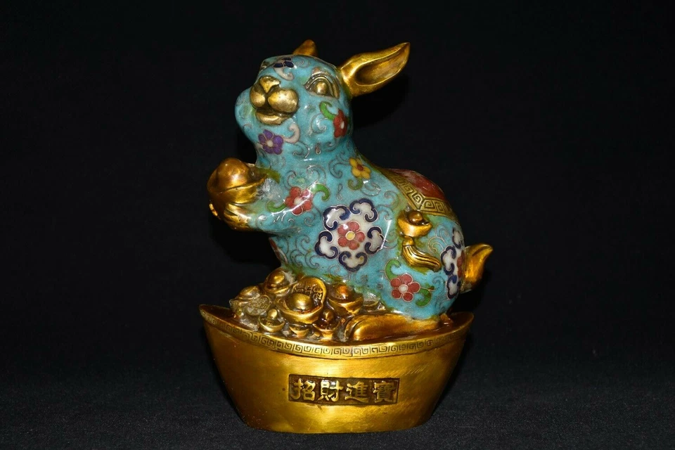 8,4-дюймовая китайская медная статуя кролика клуазоне старая латунная скульптура животного - Изображение 1 из 4