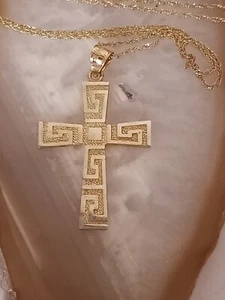 14kt Yellow Gold Greek Key Cross Pendant 35mm X 20mm w/ 18" Necklace - Picture 1 of 3