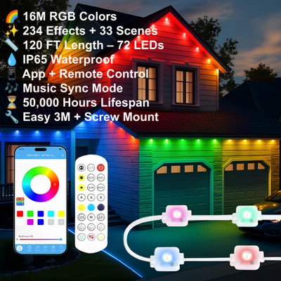 120FT Permanent Outdoor RGB & White Eave Lights 72 LEDs with APP Control IP65 - Image 1 of 4