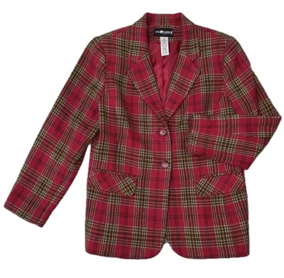 VTG Sag Harbor Red Plaid Blazer Womens 10P Wool Blend Houndstooth Preppy Holiday - Image 1 of 4