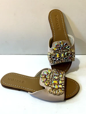 MYSTIQUE CALCUTTA Hecho a Mano Cuero Embellecido Cristales Slide Planos 8 Foto 1 de 4