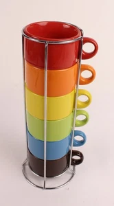 Pier 1 One Imports Stackable Coffee Cups Mug Set of 6 Multi-Color Cups Stoneware - Picture 1 of 13