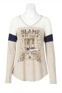 Western Langarm Grafik Pullover L Oberteil Stiefel Blame It All On My Roots Waffel - Bild 1 von 10
