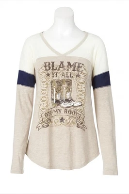 Western Manga Larga Gráfico Pullover L Top Botas Culpa Todo en Mis Raíces Waffle Foto 1 de 4