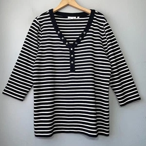 Chicos Womens 3 Size XL Black White Striped Ribbed Knit Top Preppy Chic Casual - Picture 1 of 9