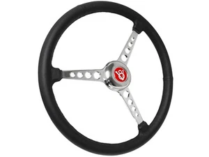 15" Leather 3-Bolt Sprint Steering Wheel w/ Red Hot Rod V8 Cap, 3-Spoke Holes - Picture 1 of 11