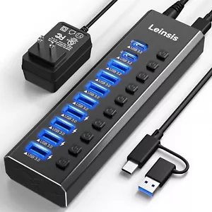 10-Port USB 3.2 Hub with Power Adapter & Individual Switches for Devices - Picture 1 of 10
