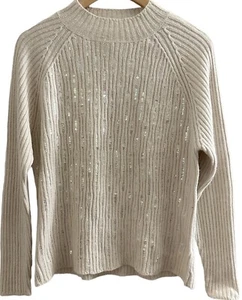 Jaclyn Smith Womens Mock Neck Sweater Silk Angora Cream/Oatmeal Sequins Ribbed L - Picture 1 of 4