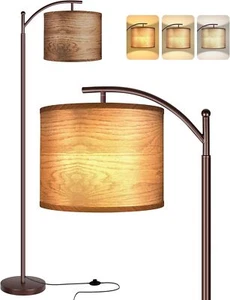Floor Lamp for Living Room, LED Standing Lamp with Wood Pattern Lamp Shade - Picture 1 of 7