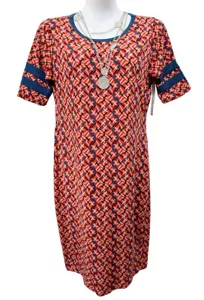 LuLaRoe Julia Kleid Damen Gr. L Rot Geometrisch Kurzarm Strick Stretch, Neu mit Etikett - Bild 1 von 6