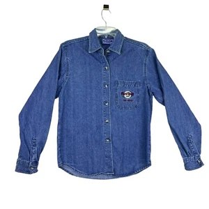 Hard Rock Cafe Mens Medium Las Vegas Guitars Logo Denim Jean Shirt - Picture 1 of 11