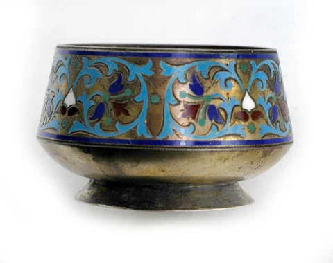 Antiqie Russian Silver CLOISONNÉ ENAMEL Salt Bowl Cellar by Grachev Brothers Cover