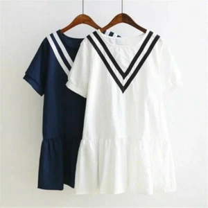 Girl Linen Cotton Tee Shirt Ruffle Short Sleeve Boat Neck Cute White Naval Style - Picture 1 of 8