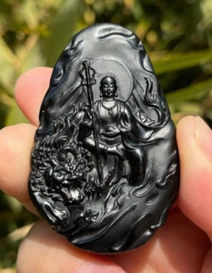 CERTIFIED 56g 100% NATURAL XIN JIANG BLACK JADE HAND CARVED KING OF THE INFERNO - Picture 1 of 23