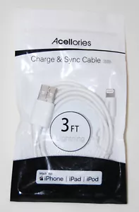 New Acellories White USB Male to 8 Pin Male Charging & Sync Cable 3ft Long - Picture 1 of 5