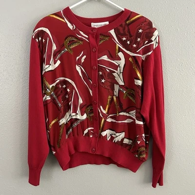 Cárdigan Suéter Vintage Jones New York Rojo Dorado Seda Estampado Espada Mujer’s L Foto 1 de 4