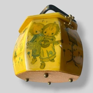 80s Precious Moments Octagon Decoupage Wood Purse Blue Velvet Lining w/Handle - Picture 1 of 14