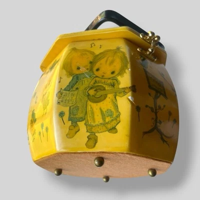 80s Precious Moments Octagon Decoupage Wood Purse Blue Velvet Lining w/Handle - Image 1 of 4