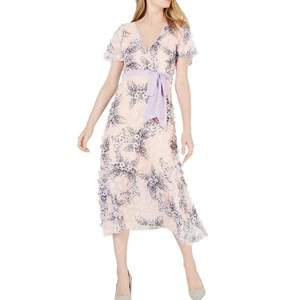 Anthropologie FOXIEDOX rosa Applikation Blumen Midi Tie Taille A-Linie Kleid XS neu mit Etikett - Bild 1 von 10