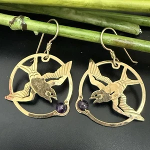 Vintage WILD BRYDE Flying Bird With Amethyst Gemstone Dangle Earrings 3g. - Picture 1 of 12