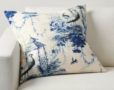 Pottery Barn Ainsley Toile Pillow Covers Blue Chinoiserie Crane Zip  22 x 22 Set - Image 1 of 4