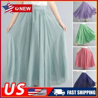 Damen Baumwolle Leinen Plissiert Maxi Lang Strand Boho Rock Vintage Lässig Kle | - Bild 1 von 4