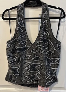 Vintage Newport News komplett perlenbesetztes, gefüttertes Neckholder-Top - schwarz/silber - Gr. 14 - Urlaub neu mit Etikett - Bild 1 von 4