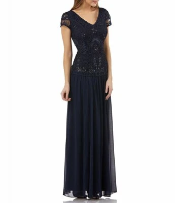 JS COLLECTIONS Navy Blue Soutache Applique Ribbon Beaded Chiffon Maxi Gown 6 = S - Image 1 of 4