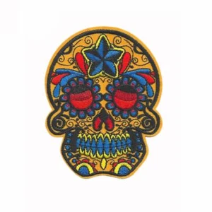 SUGAR SKULL IRON ON PATCH 4" Embroidered Applique Yellow Blue Day of the Dead - Picture 1 of 2