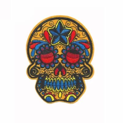SUGAR SKULL IRON ON PATCH 4" Embroidered Applique Yellow Blue Day of the Dead - Image 1 of 2