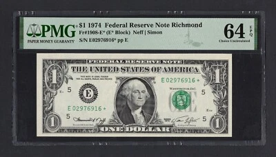 United States-Federal Res One Dollar 1974 Fr#1908-E* (E* Block) UNC Grade 64 - Image 1 of 2