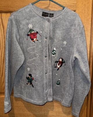 CARDIGÃ Vintage NATAL Lã Cinza Macio Top com Decoração de Esqui Boneco de Neve Médio - Imagem 1 de 4