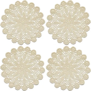 12 Inch Lace Cotton Doilies Crochet Handmade Table Placemats, Beige, Pack of 4 - Picture 1 of 6