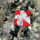6 gift box Christmas tree ornament red satin present decor white bow decoration