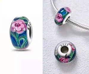 Pink Night Flowers Charm Bead Murano Glass s925 Silver Fit Charm Bracelets - Picture 1 of 1