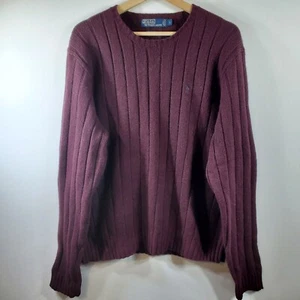 VINTAGE Polo Ralph Lauren Sweater Men's L Dark Burgundy Lambs Wool Ribbed Italy - Picture 1 of 7