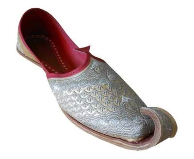 Men Shoes Leather Size US 8-11 Handmade Indian Mojaries Khussa Jutties Silver - Image 1 of 4