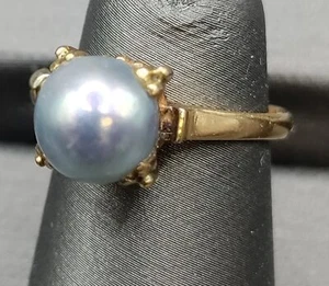 Vintage 18k Yellow Gold Single lustrous Grey Pearl Ring Size 6.5 - Imagen 1 de 5