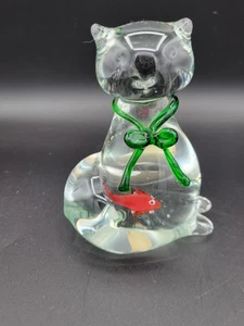 Vintage Clear Art Glass Cat with Orange Fish Inside Paperweight - Picture 1 of 6