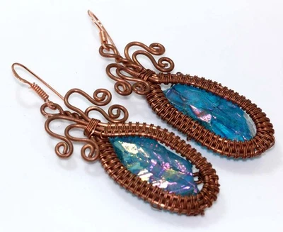 Pendientes ásperos de cuarzo aura de titanio azul envueltos en alambre de cobre 2,7" GW Foto 1 de 3