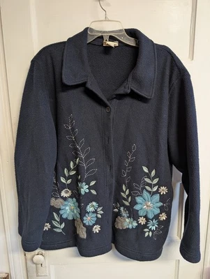 Alfred Dunner Women's XL  Navy Blue, Fleece, Jacket With Buttons Floral - Image 1 of 4