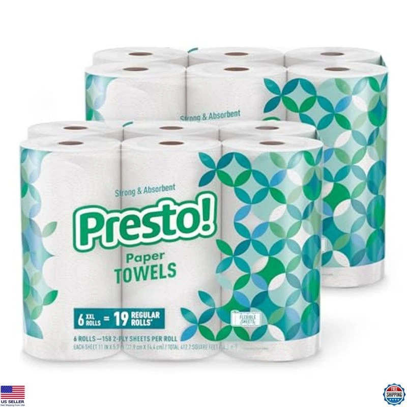 Presto! Toallas de papel Flex-a-Size - 12 rollos enormes, 158 hojas cada uno, blanco nítido Foto 1 de 4