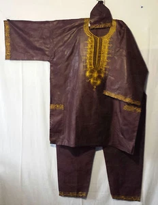 Mens Clothing 3Pcs Dashiki Pant Suit boho African Brocade Dark Brown Free Size - Picture 1 of 5
