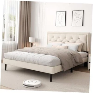 Full Size Platform Bed Frame with Upholstered Velvet Button Tufted Headboard, - Picture 1 of 7